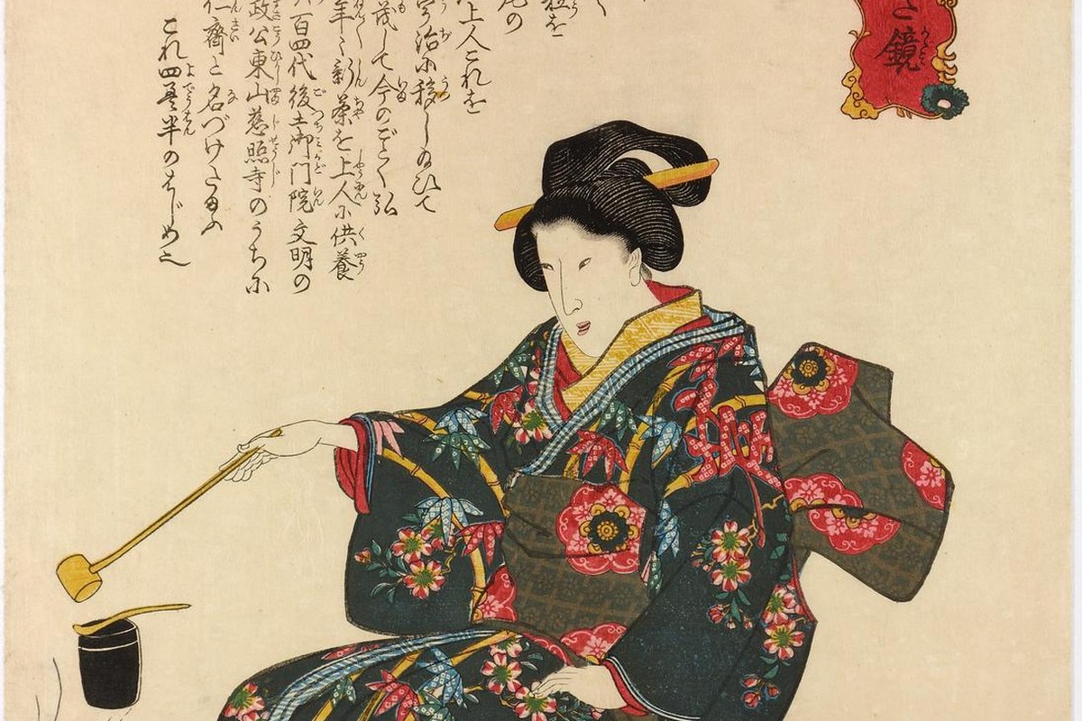 19th-century Japanese print of a woman in a kimono preparing tea with a bamboo whisk