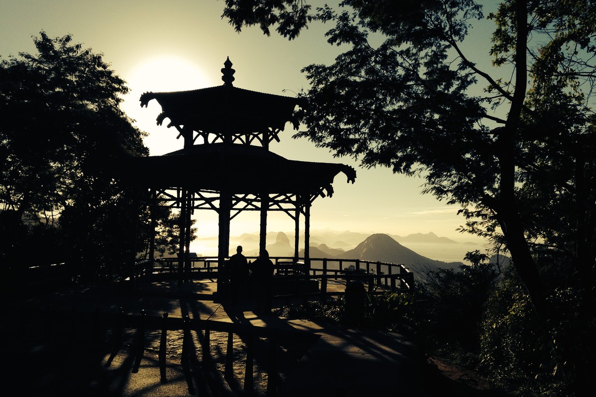 The Vista Chinesa lookout, an Asian-inspired pagoda in Alto da Boa Vista, surrounded by the Tijuca Forest with the city of Rio de Janeiro in the background