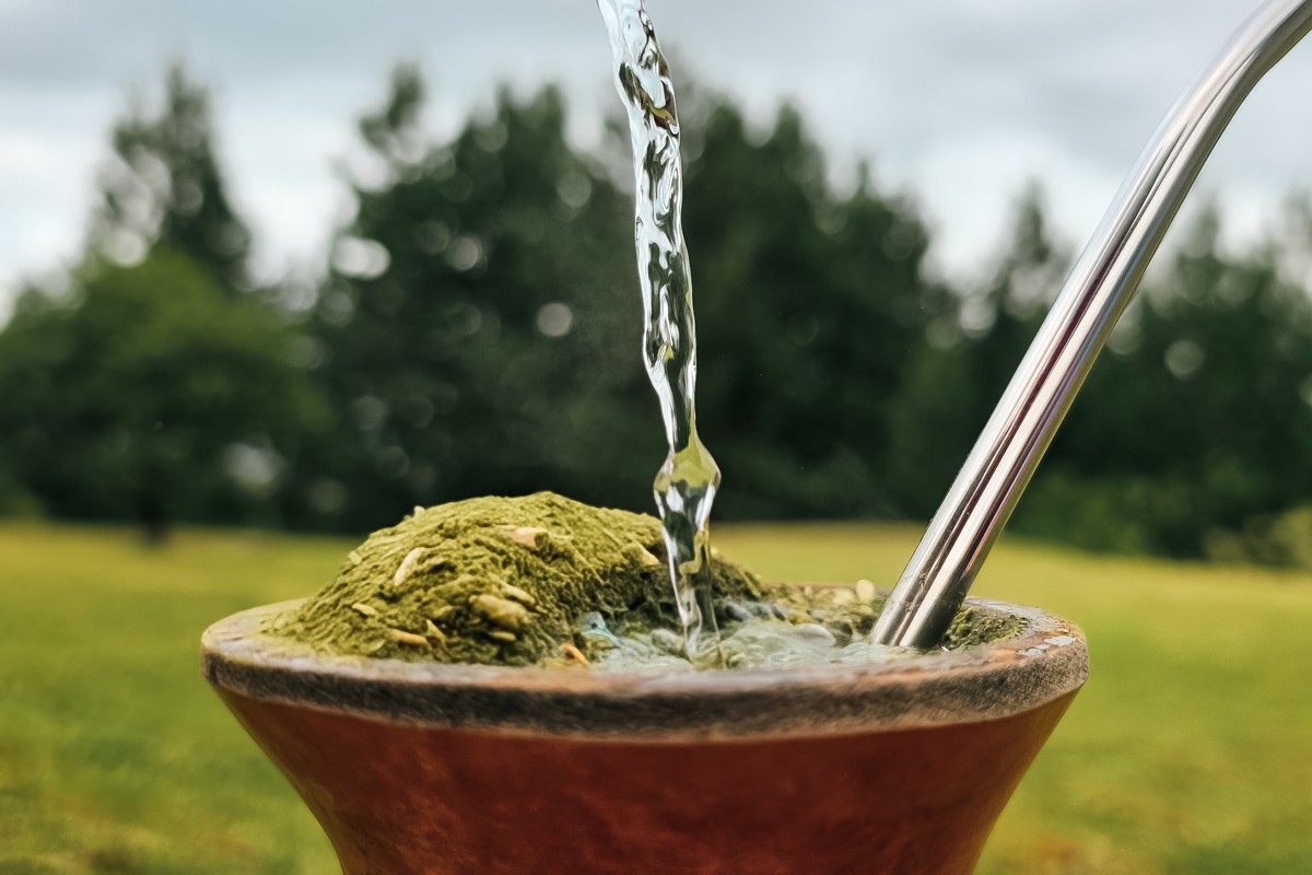 Water being poured into a chimarrão gourd filled with green yerba mate and fitted with a metal bomba, outdoors on a lawn